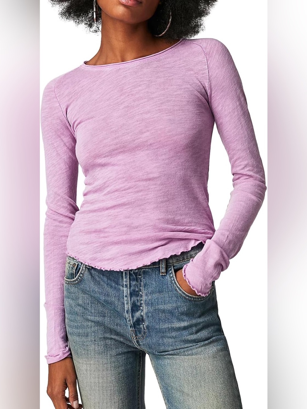 Free People We the Free Be My Baby Long Sleeve Ruffle Purple Cotton Top Size XS